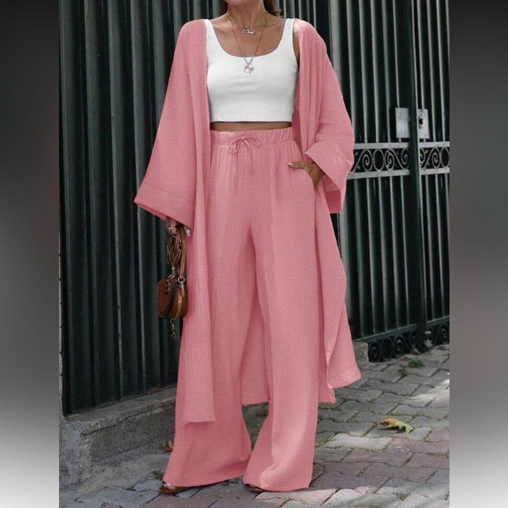 Elegant Pink Women's Pants & Kimono Set